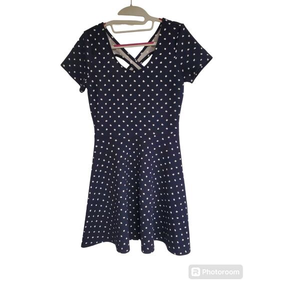 Women's Charming Charlie Navy Polka Dot Criss Cross Back Dress | Size Small - Picture 1 of 7